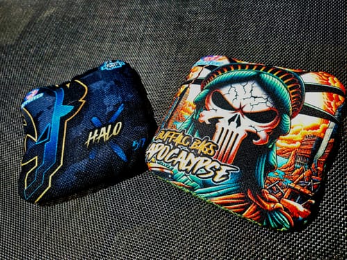 Customer's two sets of Buffalo Pro Series Bags, featuring the graphic 'Halo' and 'Apocalypse' designs.
