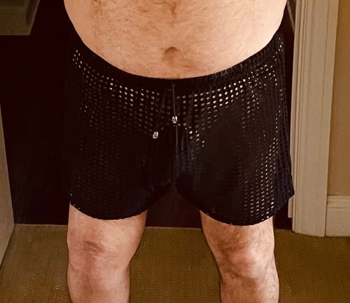Customer photo review of 2 Pack Men's Mesh See-Through Shorts with Drawstring Waist