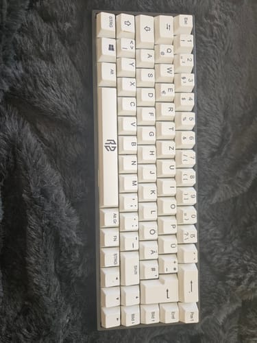 Rezensent zeigt die weiße RZ 65 HE Gaming-Tastatur auf einer dunklen, flauschigen Oberfläche.