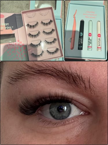 Kundenfoto: Collage des Classic DIY Starter Sets mit Zubehör und eine Nahaufnahme der angebrachten Wimpern.