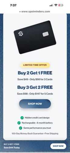 Reviewer's screenshot of the SPOTMINDERS Tracking Card website, showing the product and pricing offers.
