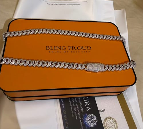 Customer photo review of S925 Moissanite Diamond Prong Cuban Link Chain in White Gold - 10mm