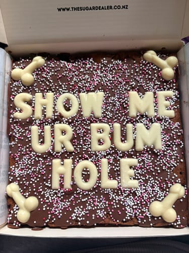 Customer photo review of Custom message dick brownie