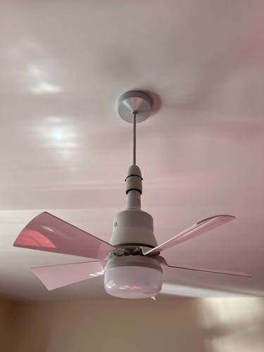 Customer's 2-in-1 portable ceiling fan and light installed on a hanging wire connection from the ceiling.
