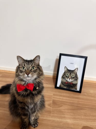 Customer's cat wearing a red bow tie sits next to its matching framed Custom Cat Portrait.