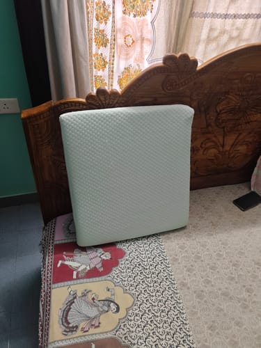 Customer's light green Frido Ultimate Wedge Plus Cushion placed upright on a bed against a headboard.
