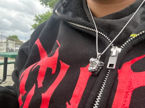 Reviewer wearing a silver necklace with a snarling animal head pendant from their 1M Jewelry Mystery Box.