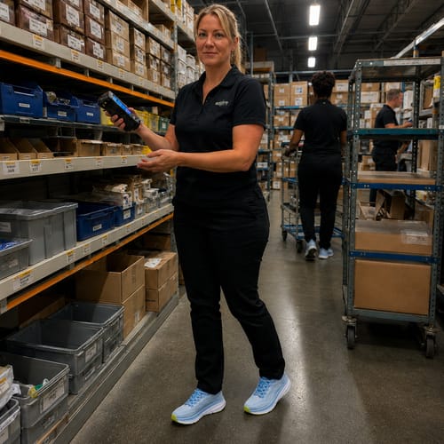 Reviewer wearing light blue Ortho Walk™ shoes while standing in a busy warehouse.