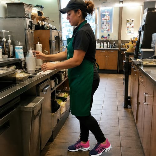 Reviewer wearing the colorful Ortho Walk 2.0™ shoes while working behind a coffee shop counter.