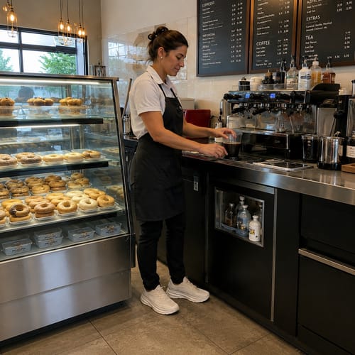 Customer wearing white Ortho Walk™ shoes while standing for a long shift in a cafe.