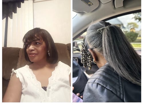 Customer's before-and-after hair results using Rennora serum, showing a change from a short bob to a long, thick ponytail.