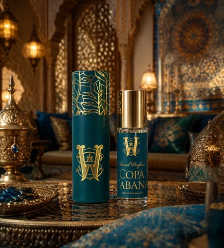 Customer's Copacabana perfume oil and its teal packaging on a golden tray in an opulent, warmly lit room.