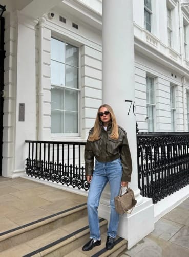 Customer photo review of Olenna Faux Leather Bomber Jacket