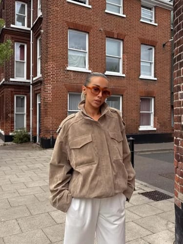Customer photo review of Camila High Neck Suede Pocket Jacket