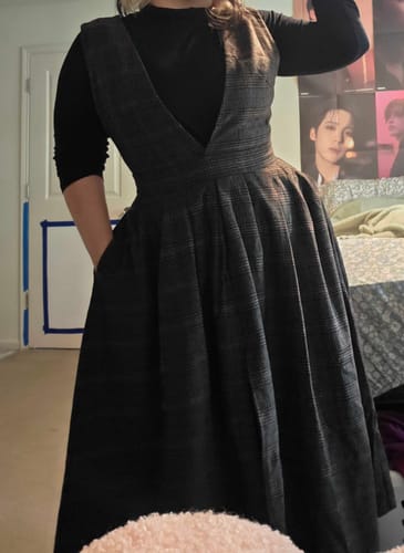 Customer photo review of Brown Plaid Wool Midi Dress – Vintage Sleeveless Pinafore Swing Dress 6417