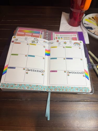 Reviewer's planner showing a weekly layout decorated with bright character stickers and patterned washi tape.