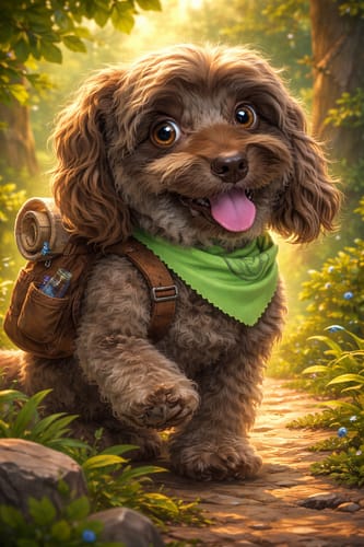 Reviewer's stylized image of a happy brown dog wearing a green bandana.