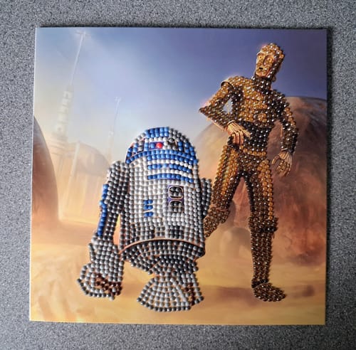 Customer's completed R2-D2 & C-3PO Crystal Art Card, showing the shiny, textured finish from the crystals.
