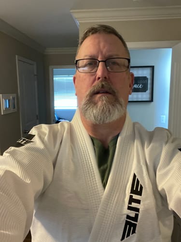 Customer photo review of Standard White Long Sleeve No-Gi Mens BJJ Rash Guard