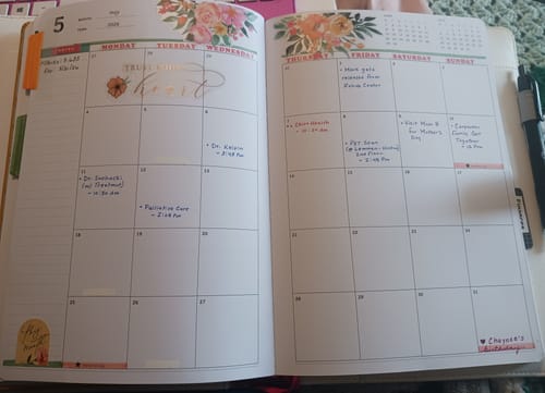 Reviewer's Kristy Planner open to the May monthly spread with handwritten appointments and stickers.