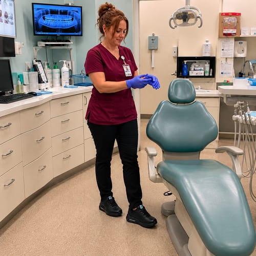 Reviewer standing in a dental office wearing black Bliss Walk shoes next to an examination chair.