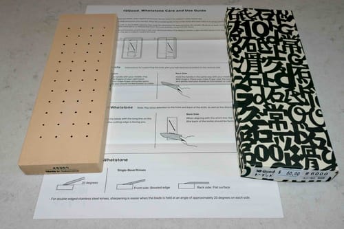 Customer's packaging for the 10Good #6000 Sharpening Whetstone, shown with its care guide.