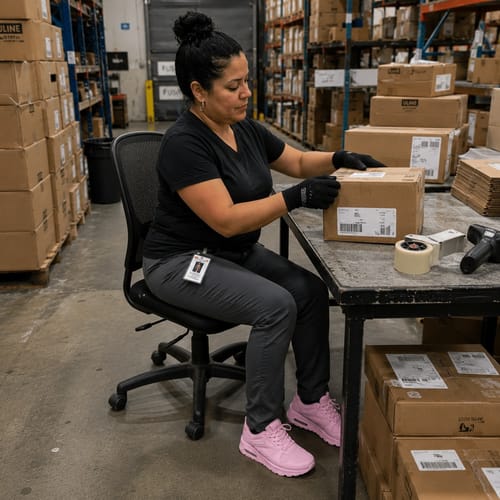 Reviewer at a warehouse packing station wearing supportive pink Bliss Walk shoes.