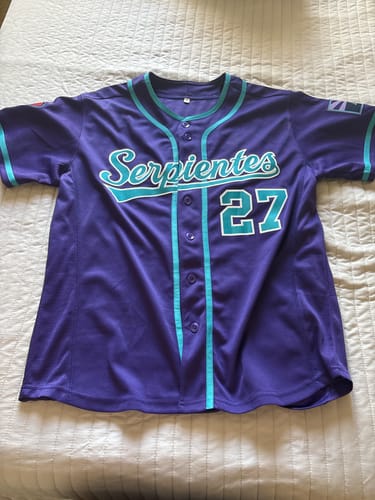 Customer's purple and teal baseball jersey with 'Serpientes' and the number 27 on the front, laid flat.