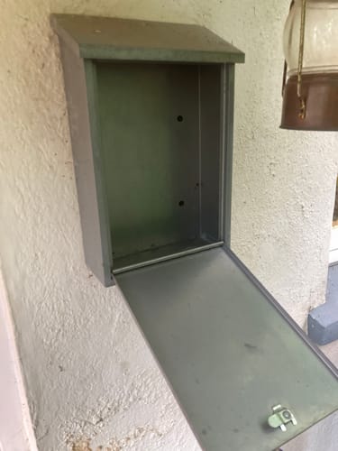 Reviewer's photo of an open, empty metal mailbox, posted in a review about non-delivery.