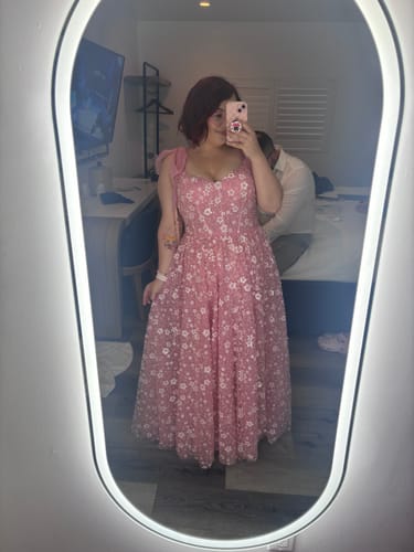 Customer photo review of Romantic Pink Floral Tulle Corset Gown with Shoulder Bows