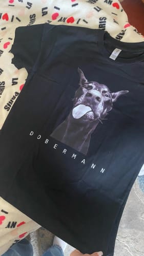 Customer photo review of Doberman T-Shirts Women Dog Prints Cotton Tops Summer O-Neck Oversize T Shirts Casual Short Sleeve Tees Street Woman Clothes