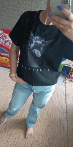 Customer photo review of Doberman T-Shirts Women Dog Prints Cotton Tops Summer O-Neck Oversize T Shirts Casual Short Sleeve Tees Street Woman Clothes