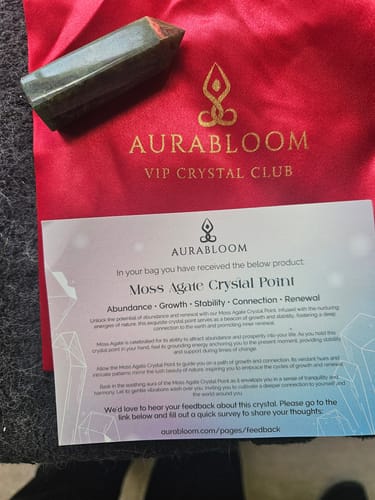 Reviewer's Moss Agate crystal point next to its red branded pouch and information card from the VIP Crystal Club.