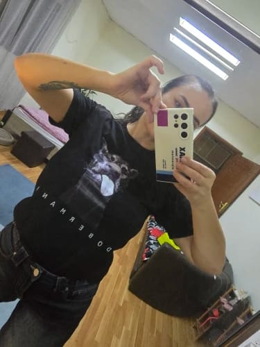 Customer photo review of Doberman T-Shirts Women Dog Prints Cotton Tops Summer O-Neck Oversize T Shirts Casual Short Sleeve Tees Street Woman Clothes