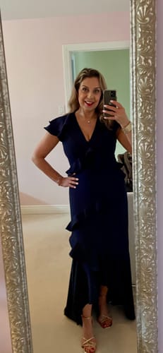 Customer photo review of Rachel Ruffle Navy Gown by ML Monique Lhuillier - RENTAL