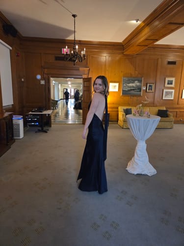 Customer photo review of Penelope Satin Gown in Navy (Petite Length) by Sau Lee - RENTAL