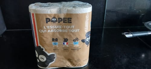 Un client montre le paquet d'essuie-tout ultra-absorbant dans son emballage en papier brun sur un comptoir.
