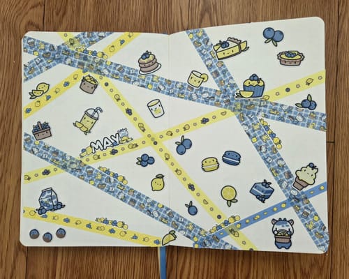 Reviewer's decorative journal page using washi tape and many cute character stickers from the Ultimate Subscription.