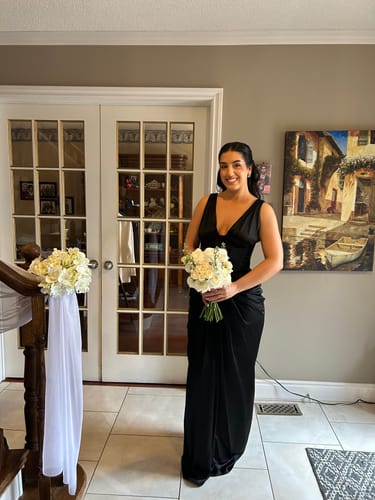 Customer photo review of Angeline Black Satin Hourglass Maxi Dress by House of CB- RENTAL