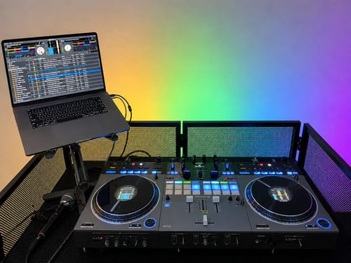 Reviewer's Model-X 2.0 Stand holding a laptop above professional DJ equipment.