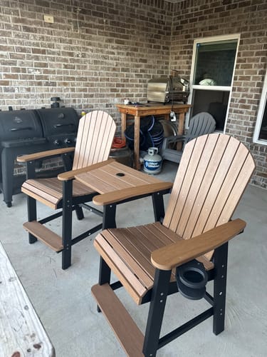 Customer's two-tone Counter Height Bistro Tete-a-tete set with a cupholder, assembled on an outdoor brick patio.