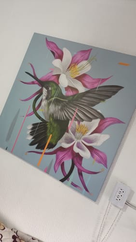 Un cliente muestra el vibrante cuadro del Colibrí Verde colgado en una pared blanca de su casa.
