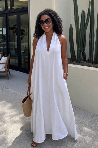 Reviewer wearing the loose white V-neck maxi dress with pockets outdoors.