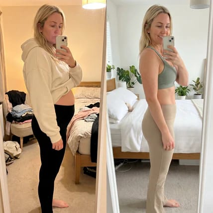 Clienta muestra su antes y después con Lumi Balance Drink™, con un abdomen visiblemente más plano.