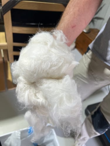 Close-up of a customer's hand holding a large clump of white fur removed with the GroomMate Pet Grooming Kit.