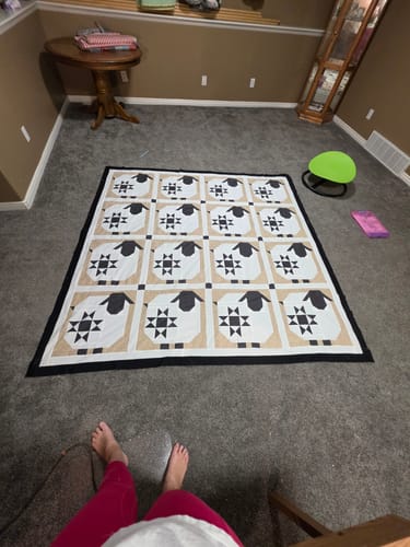 Reviewer's completed Wooly Stars Sheep quilt top laid out on a carpet, showing the full sheep pattern.