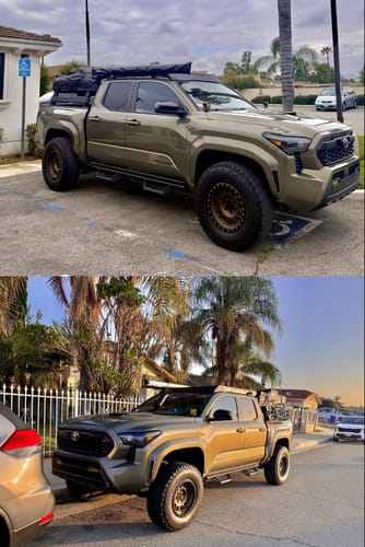 Reviewer's lifted Toyota Tacoma with a level stance after installing the front and rear leveling lift kit.