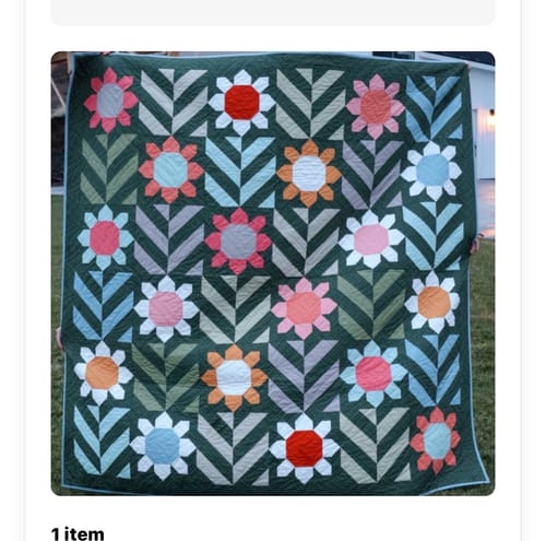 Reviewer's completed Spring Fling quilt showing the colorful floral and leaf block pattern held up outdoors.