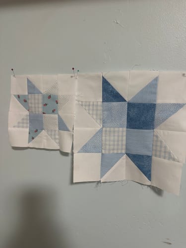 Customer's two quilt star blocks from the pattern, showing one made incorrectly smaller than the other.