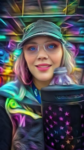 Customer's stylized selfie holding the Universal XL cup holder with a water bottle inside.